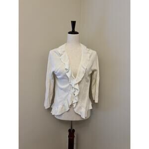 Chicos Ruffled Cream Cardigan Linen Cotton Mix Size 2